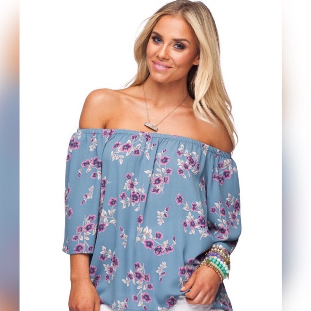 Off Shoulder Blue Floral Blouse